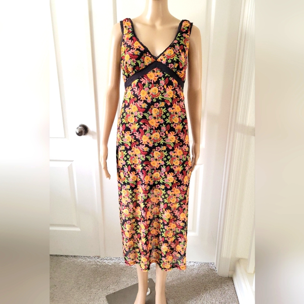 STITCH AND PINE Y2K Babydoll Lace Ribbon Fruit  Midi Dress Size S